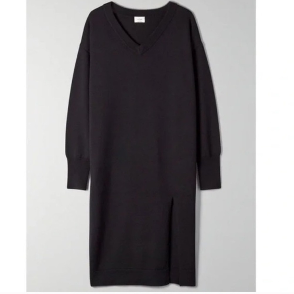 Wilfred by Aritzia Cyprie Black V-Neck Merino Wool Dress with Slit - Size Small - Picture 11 of 11